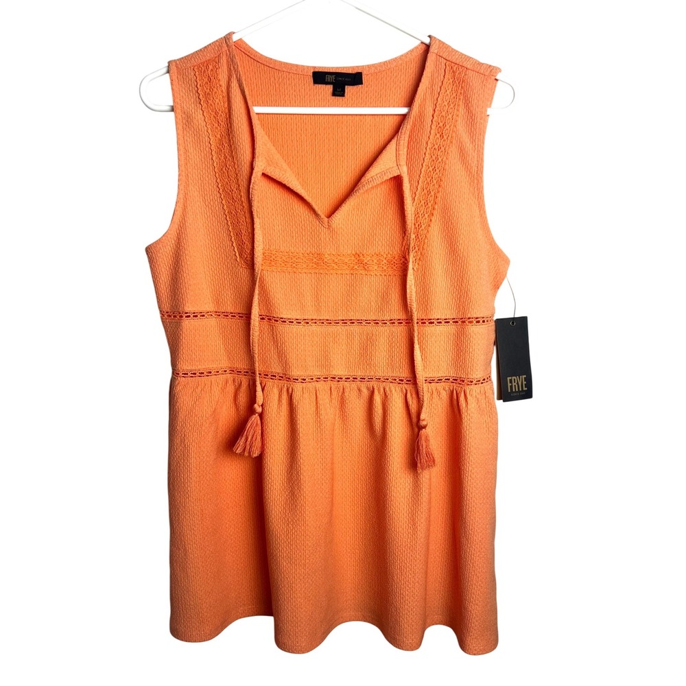 Frye Orange Peplum Lace Trim Sleeveless Top Size Medium V-neck Tassel Tie NEW‎